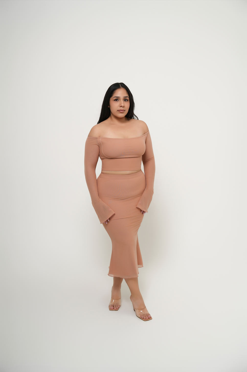 Mesh Flared Midi Skirt - Latte