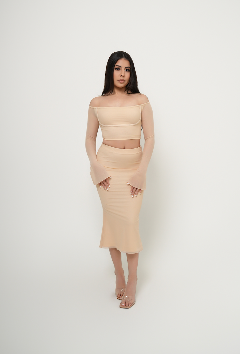 Mesh Flared Midi Skirt - Vanilla