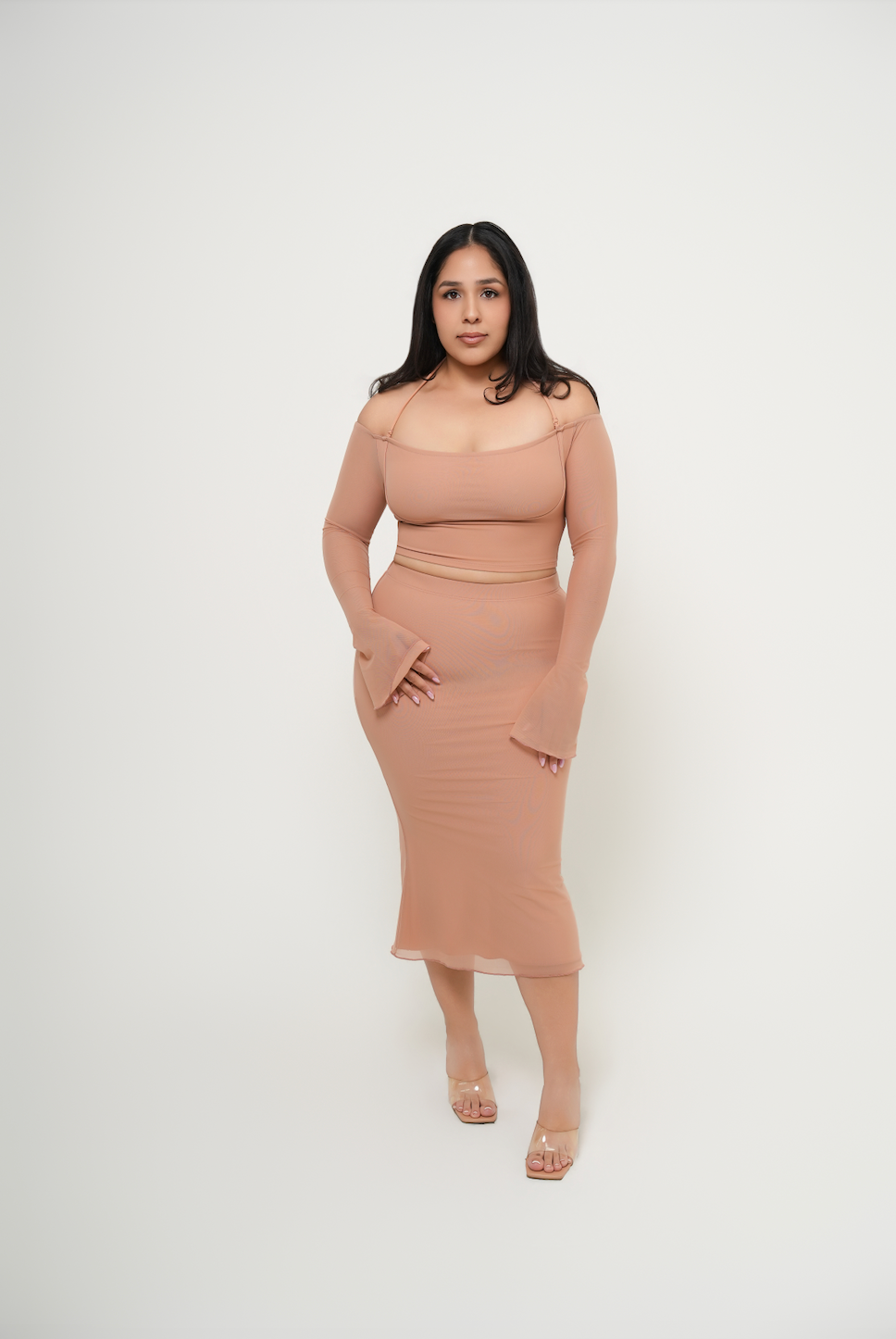 Mesh Flared Midi Skirt - Latte