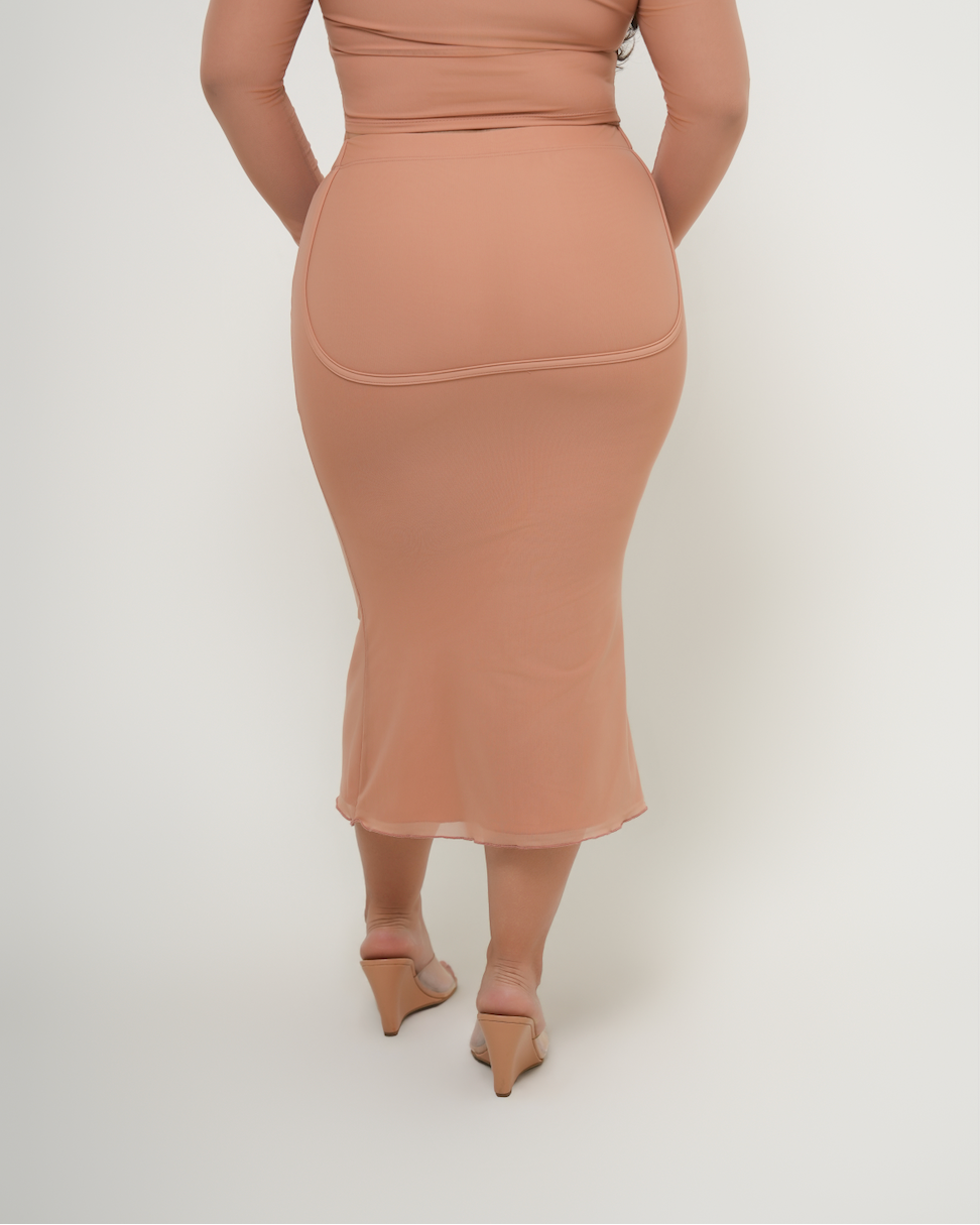 Mesh Flared Midi Skirt - Latte