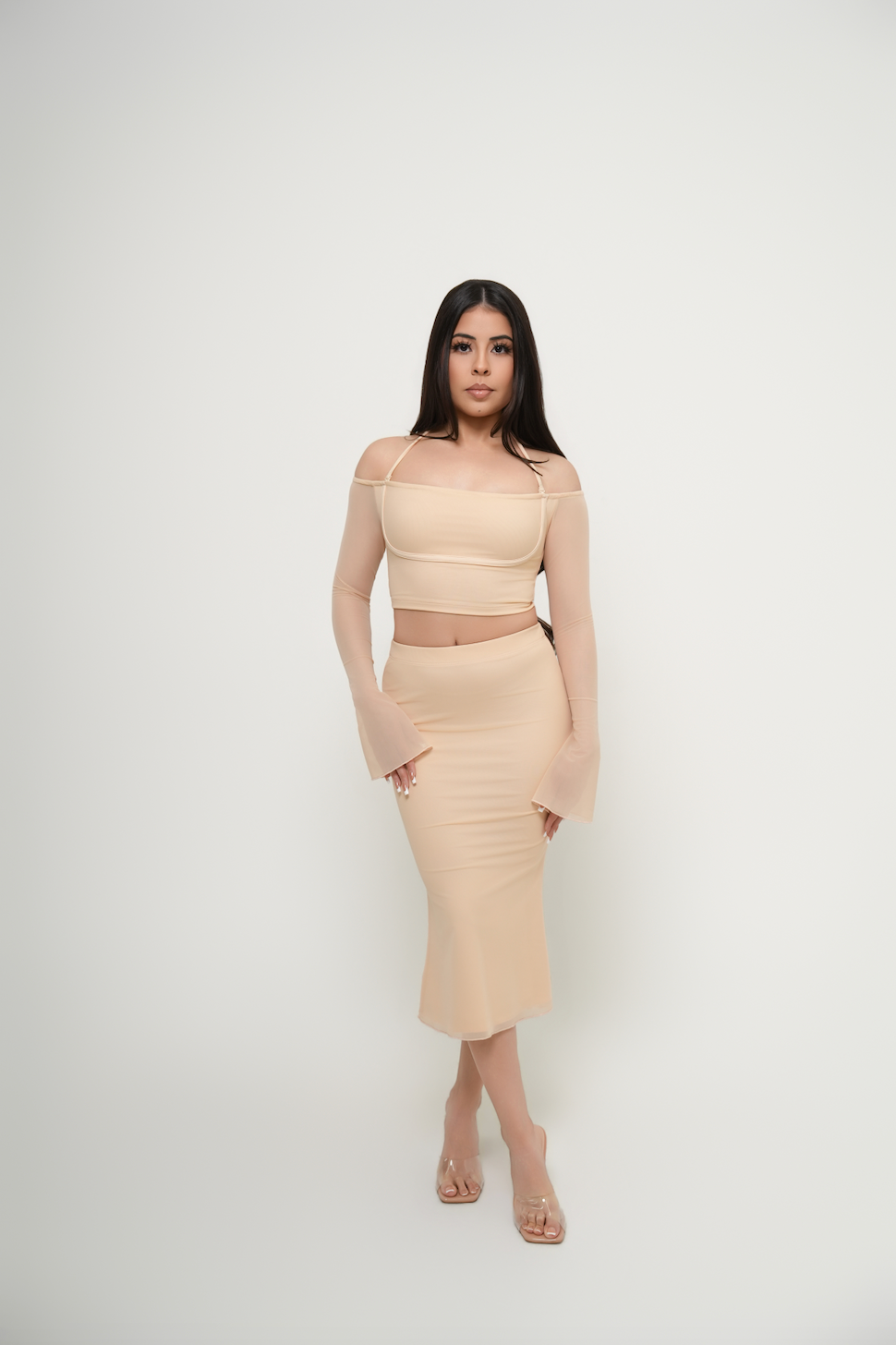 Mesh Flared Midi Skirt - Vanilla