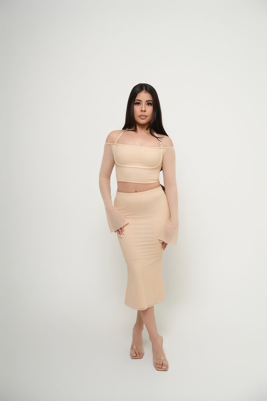 Mesh Flared Midi Skirt - Vanilla